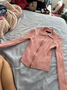Almost Famous Dusty Pink Ribbed Zip Collar Cardigan